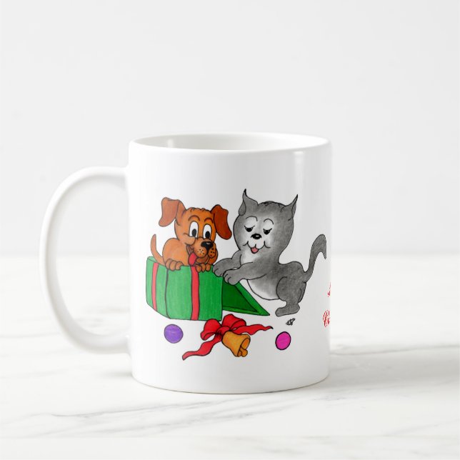 Mug Joyeux Noël avec chat et chiot (Gauche)