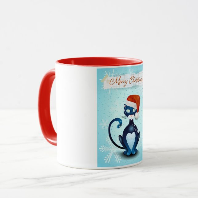 Mug Joyeux Noël avec chat noir avec Casquette Père Noë (Devant gauche)