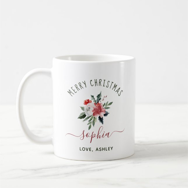 Mug Joyeux Noël avec votre nom | Aquarelle florale (Gauche)