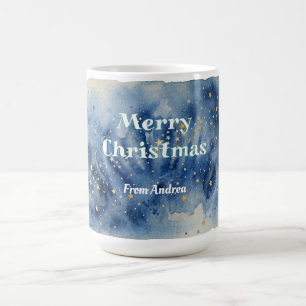 Mug joyeux noël bleu blanc étoiles aquarelle jaune