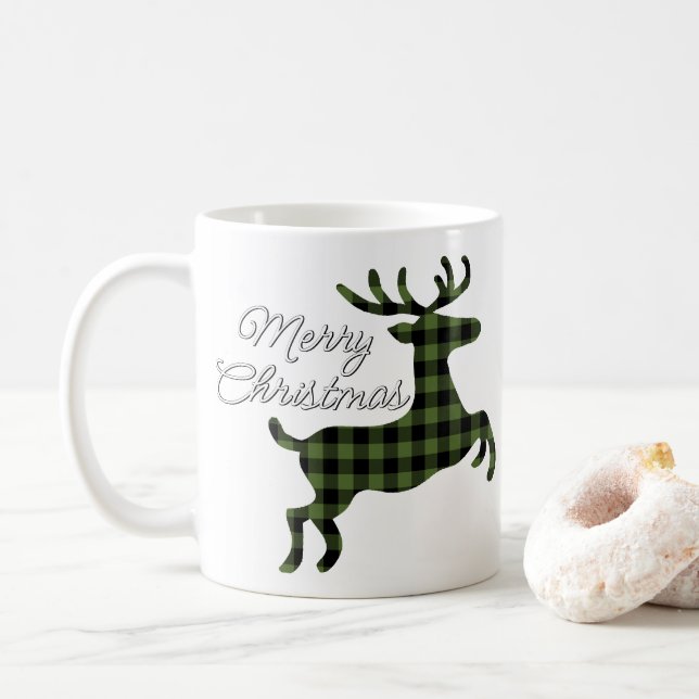 Mug Joyeux Noël Buck sur le Buffalo noir vert Chèque (Avec donut)
