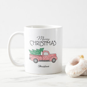 Mug Joyeux Noël Camion Rouge arbre vert avec nom