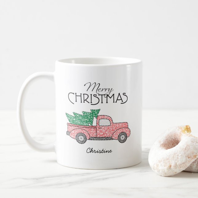 Mug Joyeux Noël Camion Rouge arbre vert avec nom (Avec donut)