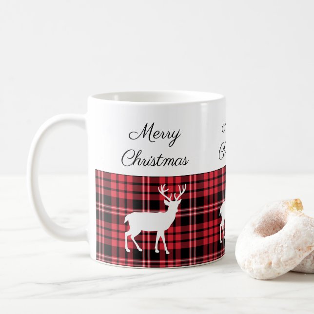 Mug Joyeux Noël Cerf à carreaux rouge classique (Avec donut)