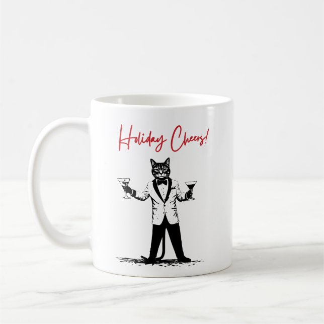 Mug Joyeux Noël ! Chat en smoking offrant un toast (Gauche)