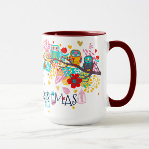 Mug Joyeux Noël Chouettes colorées & Fleurs