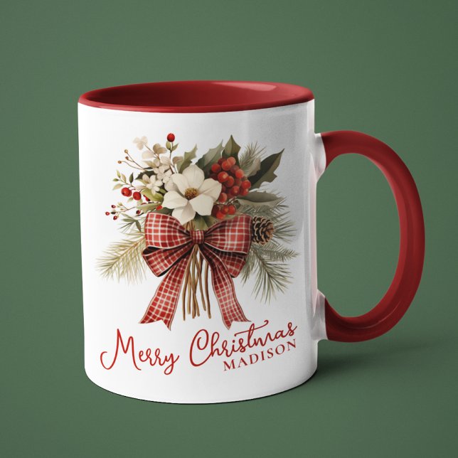 Mug Joyeux Noël Élégant Floral Nom personnalisé (Créateur téléchargé)