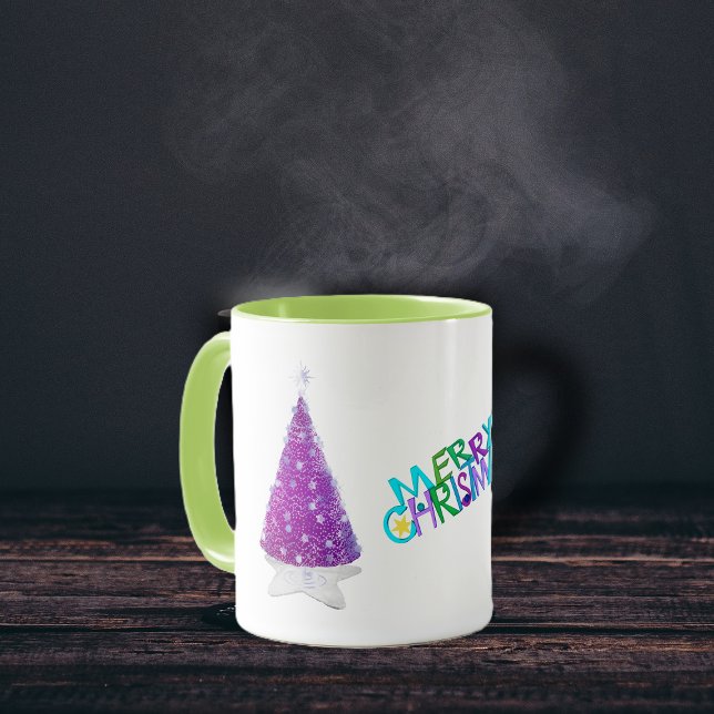 Mug Joyeux Noël Étincelle Rose Arbres argentés (Merry Christmas pink trees on star rug silver star decorations on holiday coffee mug.)