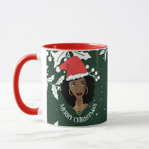 Mug Joyeux Noël, Femme noire, Chapeau rouge, Vert