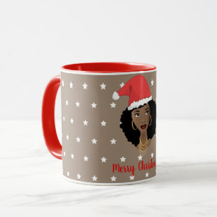 Mug Joyeux Noël, Femme noire, Étoiles blanches, Brown