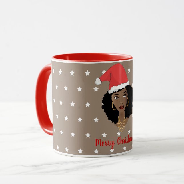 Mug Joyeux Noël, Femme noire, Étoiles blanches, Brown (Devant gauche)