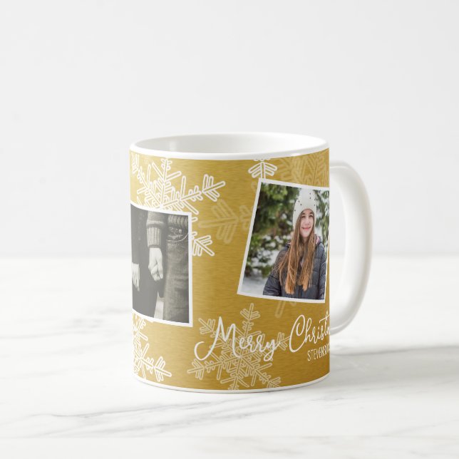 Mug Joyeux Noël Golden Snowflakes Photo Collage (Devant droit)