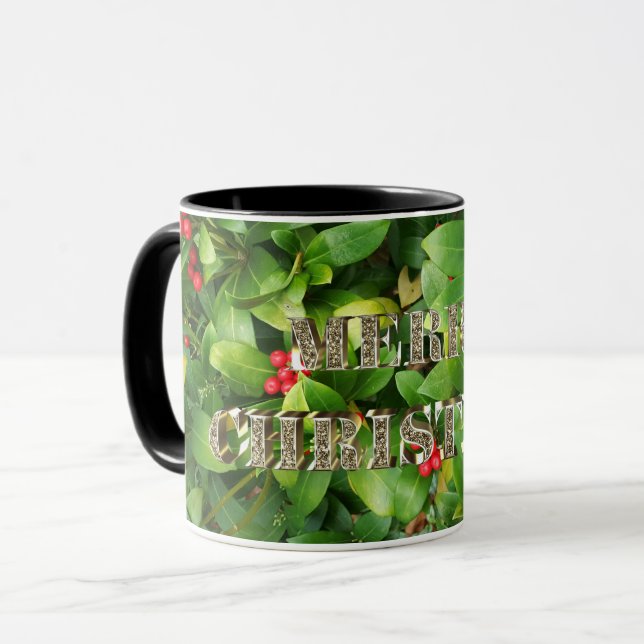 Mug Joyeux Noël Golden Typography Skimmia Floral (Devant gauche)