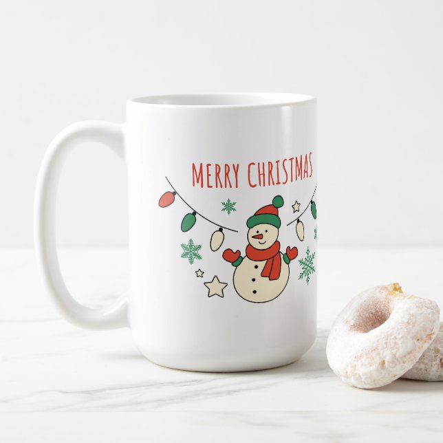 Mug Joyeux Noël, Mignonne bonhomme de neige, lumières  (Avec donut)