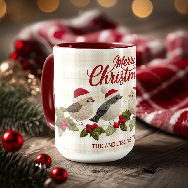 Mug Joyeux Noël Oiseaux Brodé Nom Mignon (Merry Christmas Cute Embroidaried Birds Name Mug)