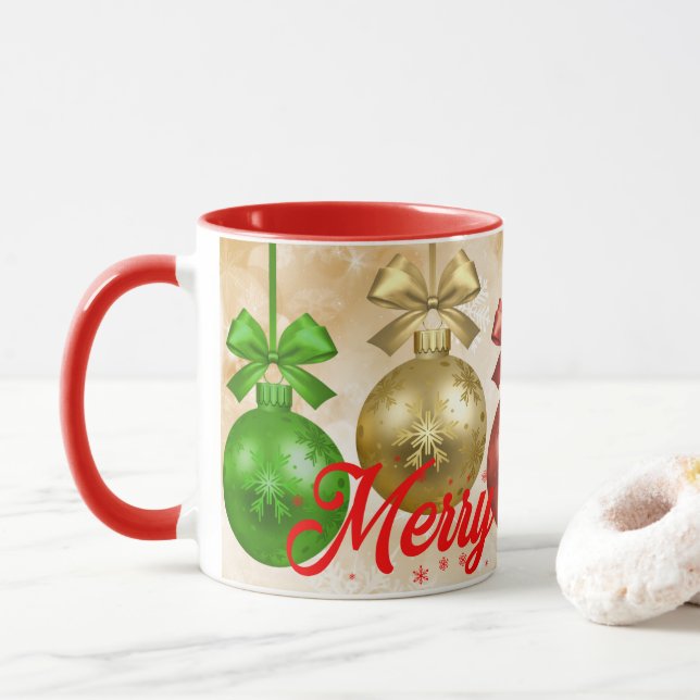 Mug Joyeux Noël Ornements Rouges Verts Flocons de Neig (Avec donut)