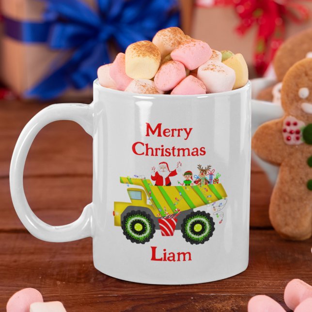 Mug Joyeux Noël Père Noël dans un Elfe de benne, Renne (Créateur téléchargé)