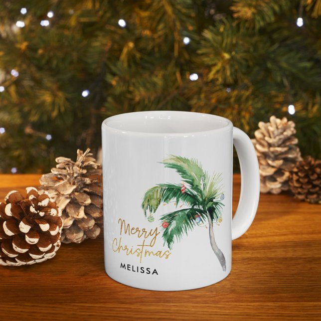 Mug Joyeux Noël personnalisé Palm Tree vacances (Christmas Holidays Coastal Palm Tree Personalized White 11oz Coffee Mug)