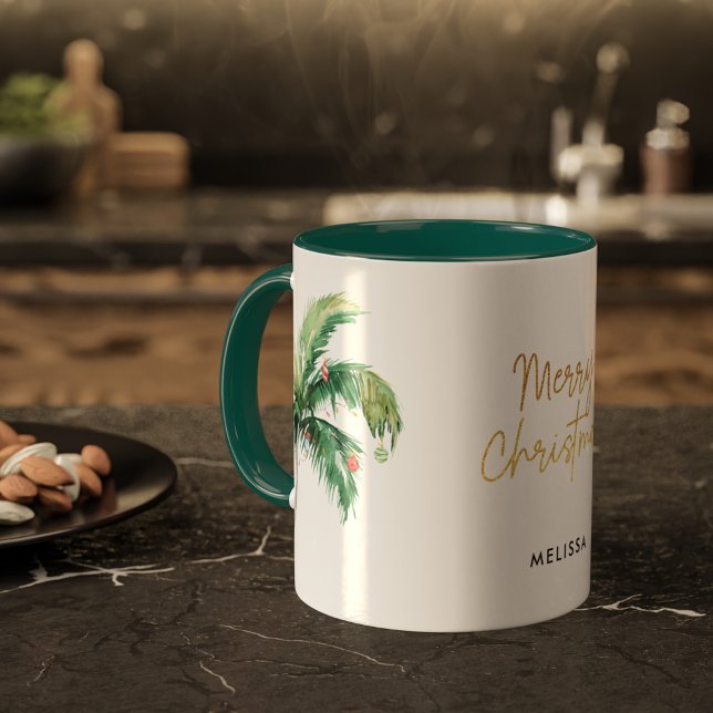 Mug Joyeux Noël personnalisé Palm Tree vacances (Christmas Holidays Coastal Celebration Palm Tree Personalized Green Two Tone Coffee Mug)