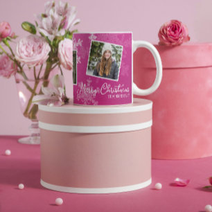 Mug Joyeux Noël Pink Snowflakes Photo Collage