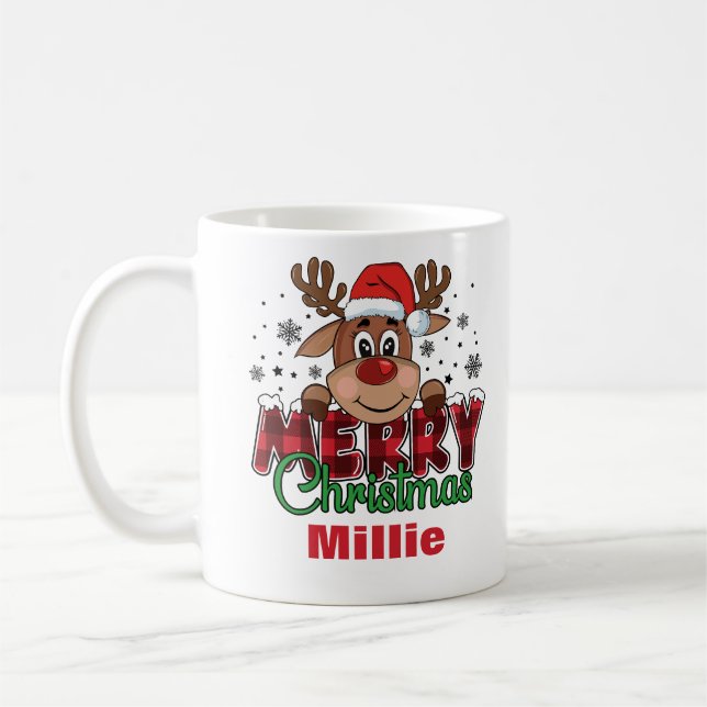 Mug Joyeux Noël Reindeer Père Noël Nom personnalisé (Gauche)