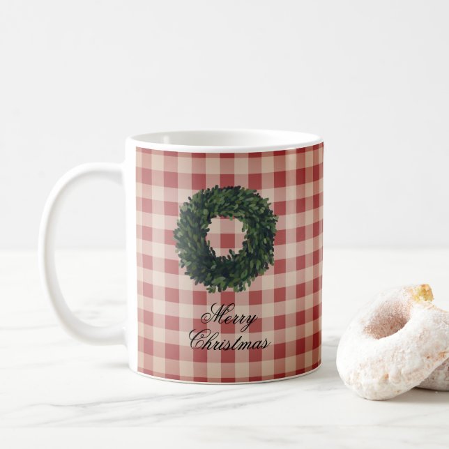 Mug Joyeux Noël Rouge En vichy Plaid Wreath (Avec donut)
