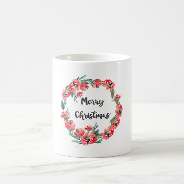 Mug Joyeux Noël Rouge Floral Aquarelle Wreath (Centre)