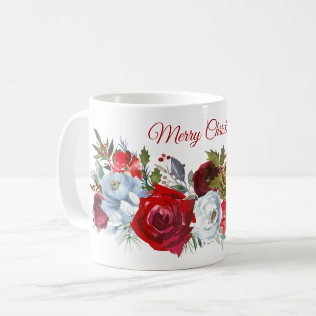 Mug Joyeux Noël Rouge Roses Blanches Vide Pin Cônes C (Devant gauche)