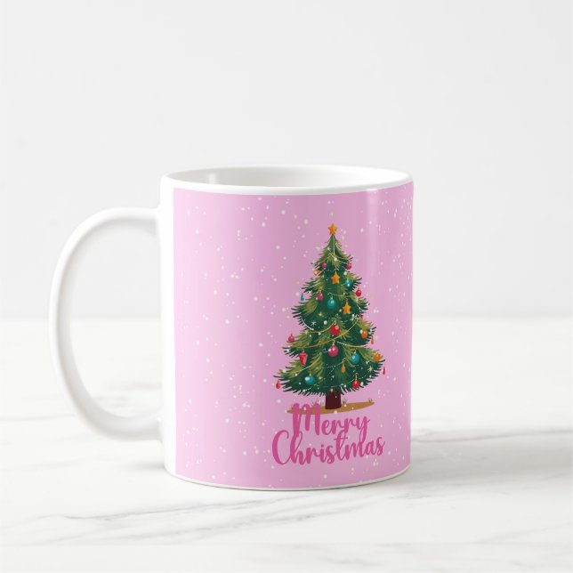 Mug Joyeux Noël, Sapin de Noël, Rose, Vacances  (Gauche)