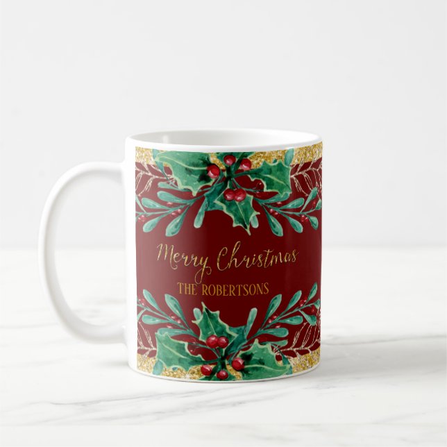 Mug Joyeux Noël Script Bourgogne or Aquarelle (Gauche)