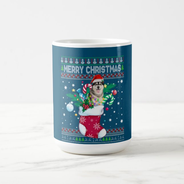 Mug Joyeux Noël Sibérien Husky Chien Dans Sock Drôle (Centre)