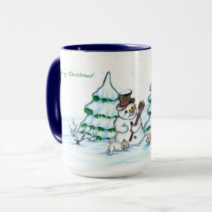 Mug Joyeux Noël ! Snowman avec chat et chiot