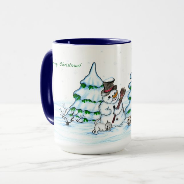 Mug Joyeux Noël ! Snowman avec chat et chiot (Devant gauche)