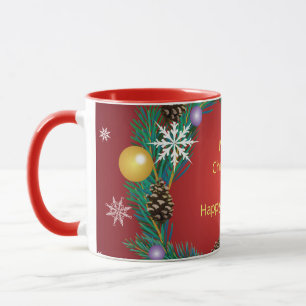 Mug Joyeux Noël ! sur un fond rouge de luxe.