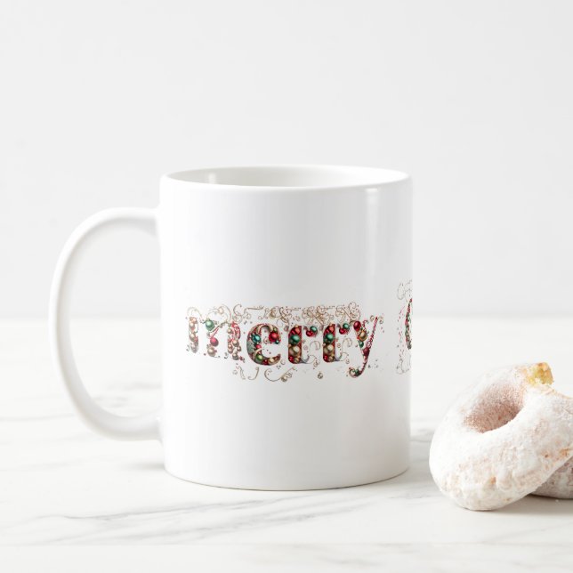 Mug Joyeux Noël Texte Décoratif Or et Boules (Avec donut)