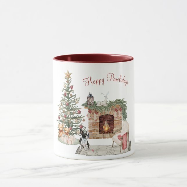 Mug Joyeux Pawlidays Design de Chien- Boston Terrier (Centre)