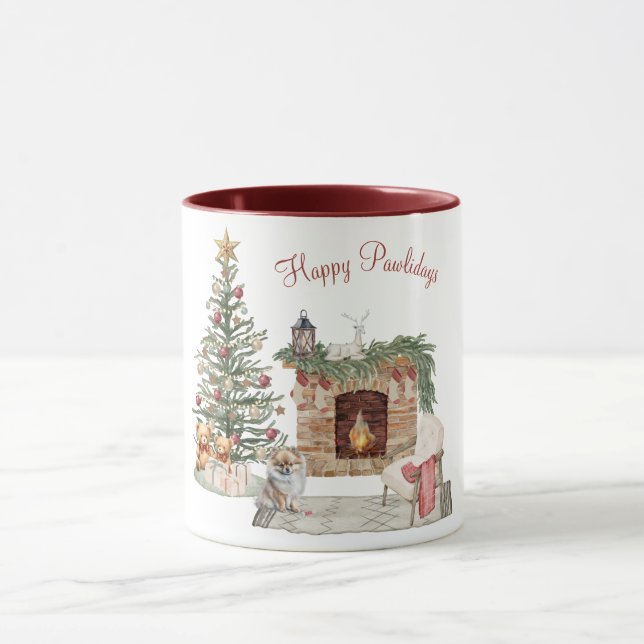 Mug Joyeux Pawlidays Design de Chien - Pomeranian (Centre)