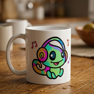 Mug Joyeux petit caméléon souriant avec casque.