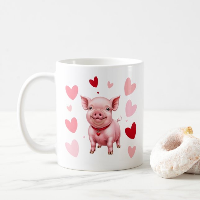 Mug Joyeux Piglet avec Coeurs, Amateurs de Cochon (Avec donut)