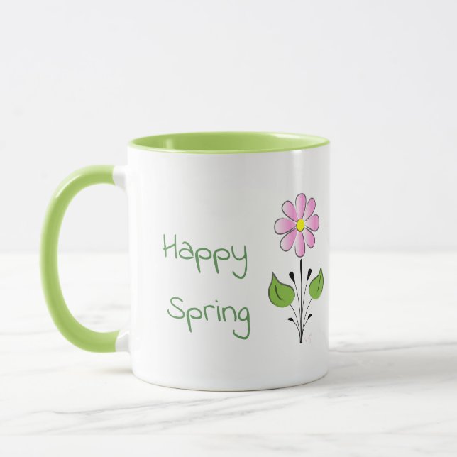 Mug Joyeux printemps vert type avec Fleur rose (Gauche)