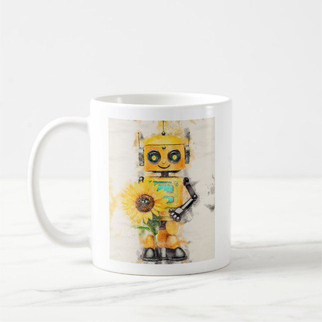 Mug Joyeux Robot Jaune avec tournesol (Gauche)