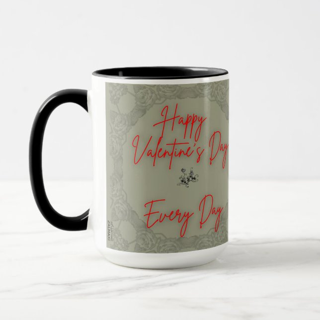Mug Joyeux Rose de Valentine Gris Cadre Texte Rouge (Gauche)