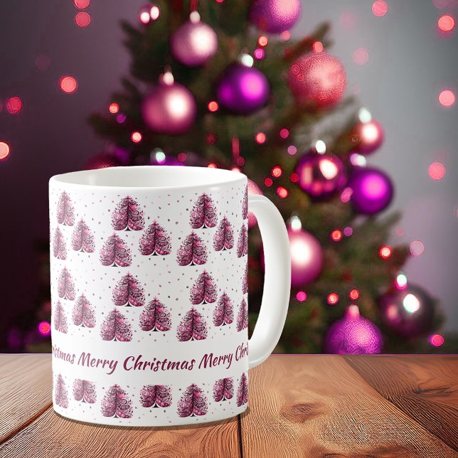 Mug Joyeux sapin rose personnalisé (Personalized Pink Merry Christmas Tree Coffee Mug)