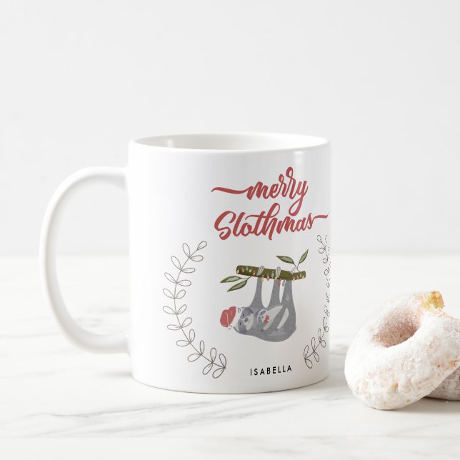 Mug Joyeux Slothmas Sloth Inspiré Fêtes Personnalisées (Avec donut)
