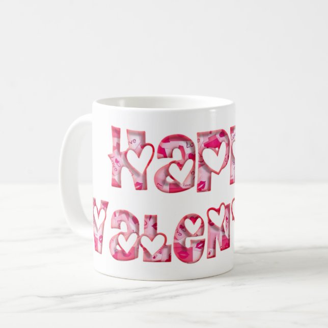 Mug Joyeux Valentine Love Hearts Typographie rose (Devant gauche)