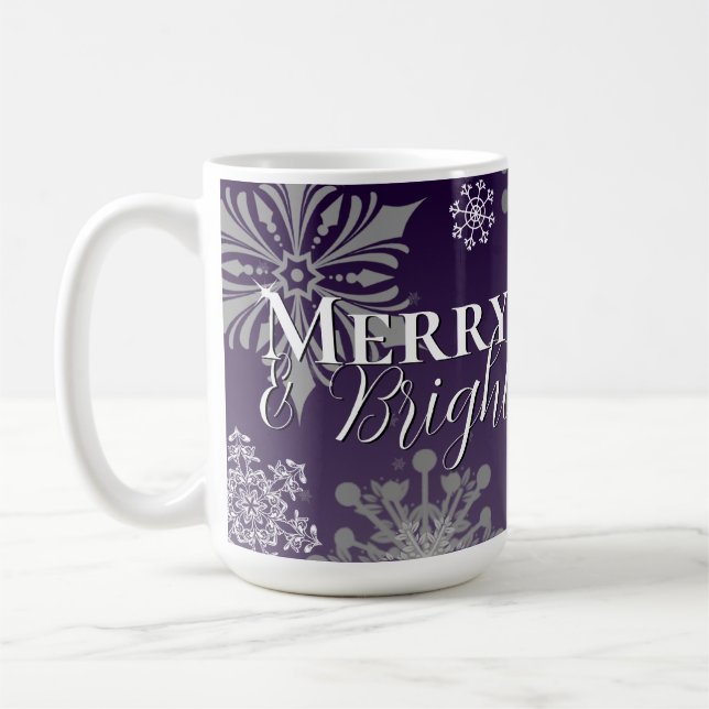 Mug Joyeux violet et flocons de neige brillants Noël (Gauche)