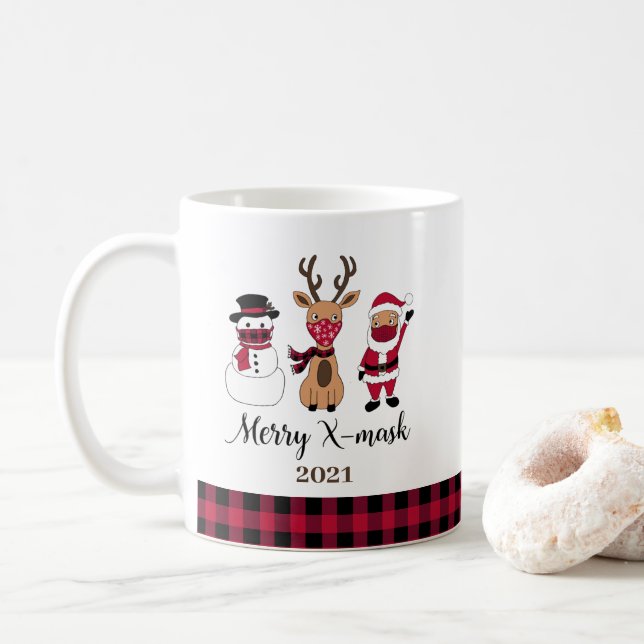Mug Joyeux X Masque Drôle Buffalo Plaid Père Noël (Avec donut)