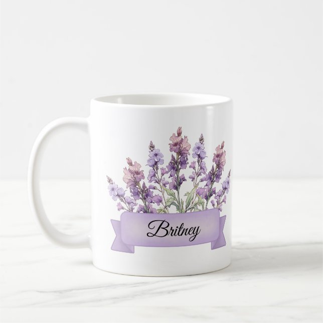 Mug Juillet Fleur de naissance Larkspur personnalisé (Gauche)