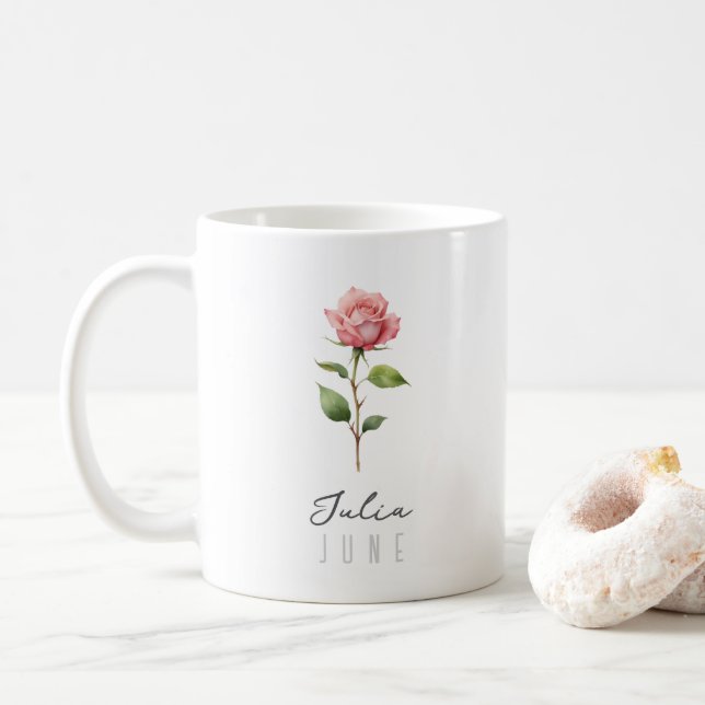 Mug Juin Mois de naissance Fleur avec nom - Rose (Avec donut)