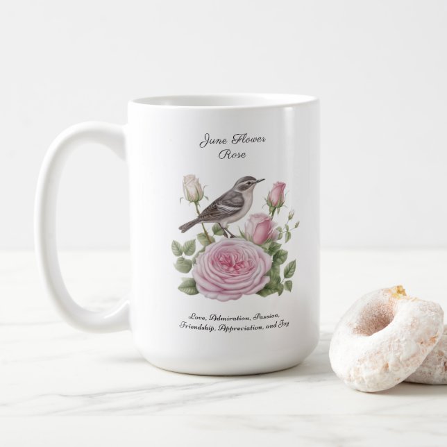Mug Juin Mois de naissance Fleur Rose Élégant Annivers (Avec donut)